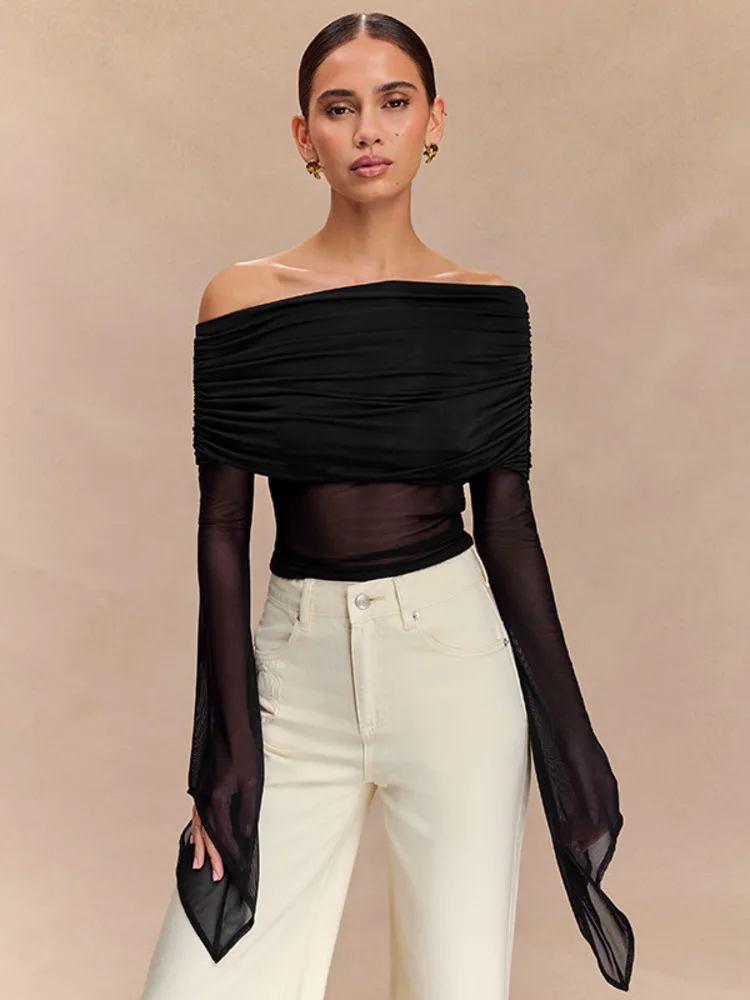 

Mozision Off-shoulder Long Sleeve Sexy T-shirt Women Tops Fashion Strapless Backless See Through Ruched Club Party T-shirts