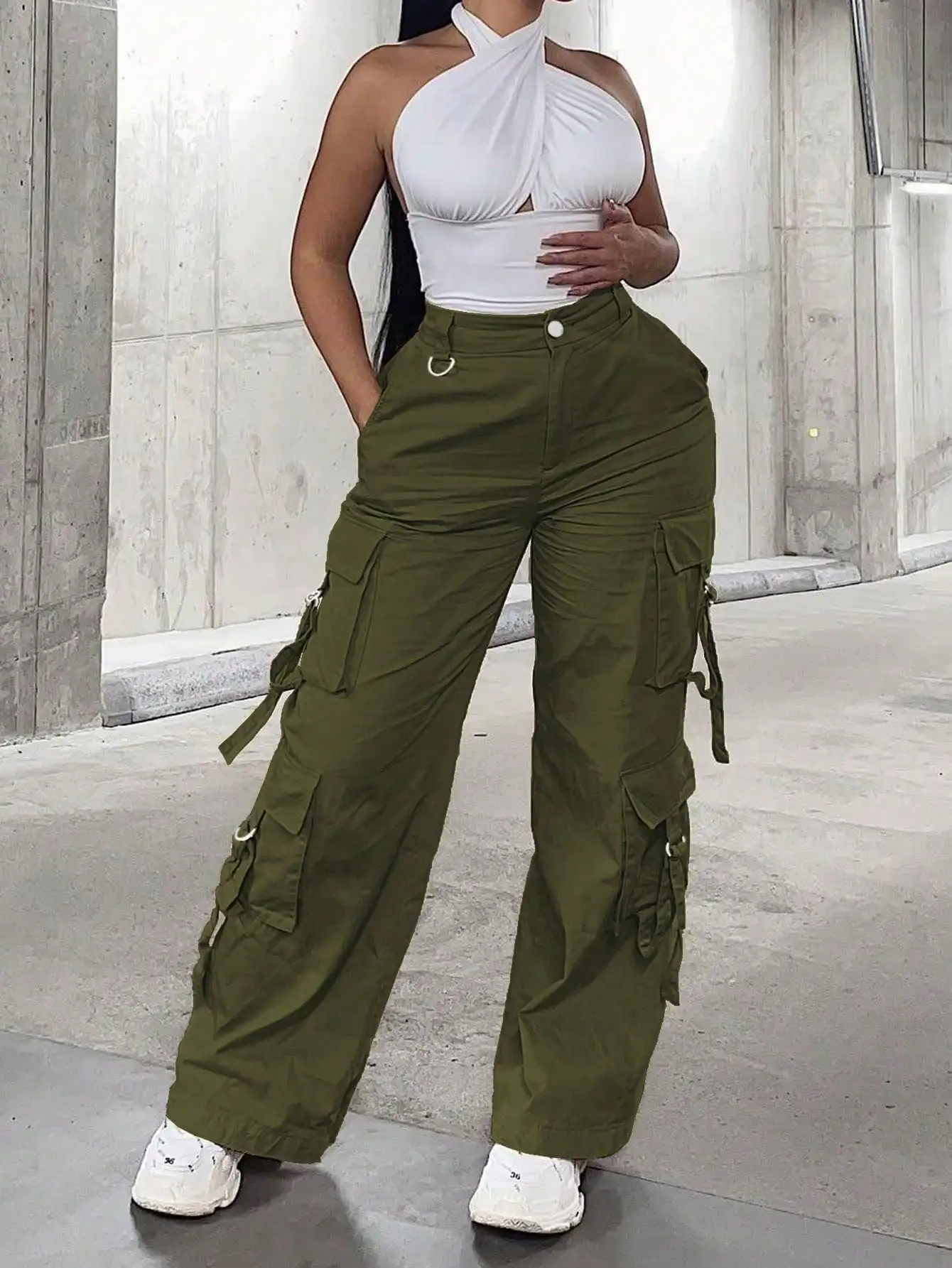 Ladies' High-waisted Pants 2024, Wide-leg Work Pants and Pocket Solid-color Casual Office Wear Sportswear Pants