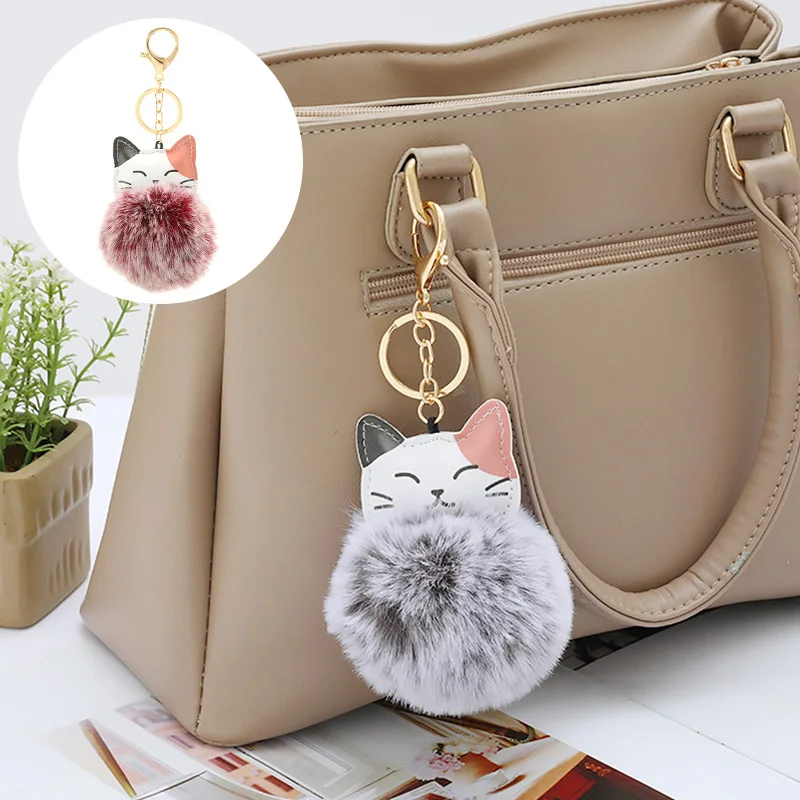 Cute Faux Rabbit Fur Keychain Cat Fluffy Pompom Animal Hair Ball Car Key Chain Rings Ladies Bag Accessories Keyring Holder