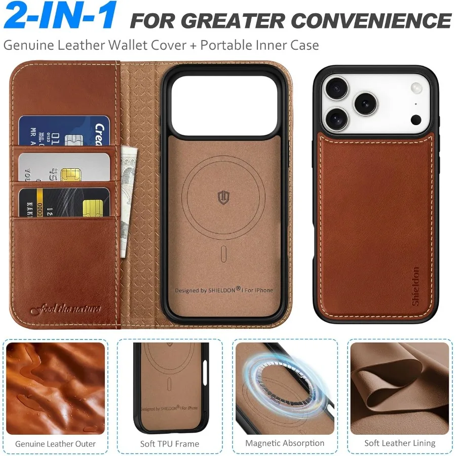 Custodia a portafoglio in vera pelle 2 in 1 per iPhone 17 Pro Max 6.9 con ricarica wireless Design magnetico staccabile Blocco RFID Ca