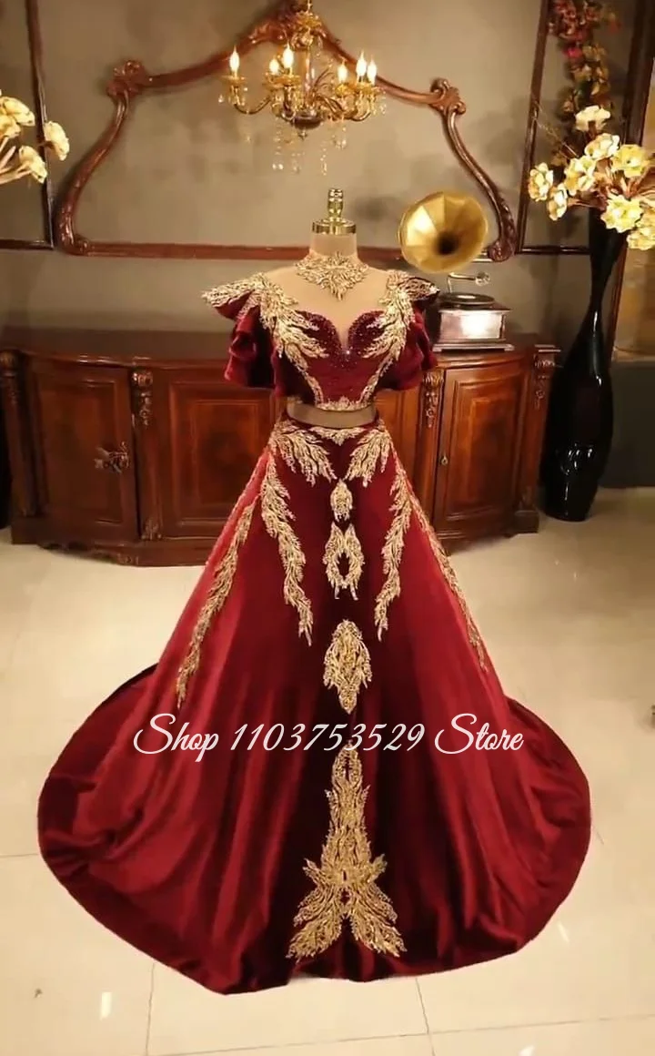 Custom Red Glamorous Wedding Gown Algerian Crystal Appliqué Bridal Dress Gold Embroidered Evening Gown Traditional Wedding Attir