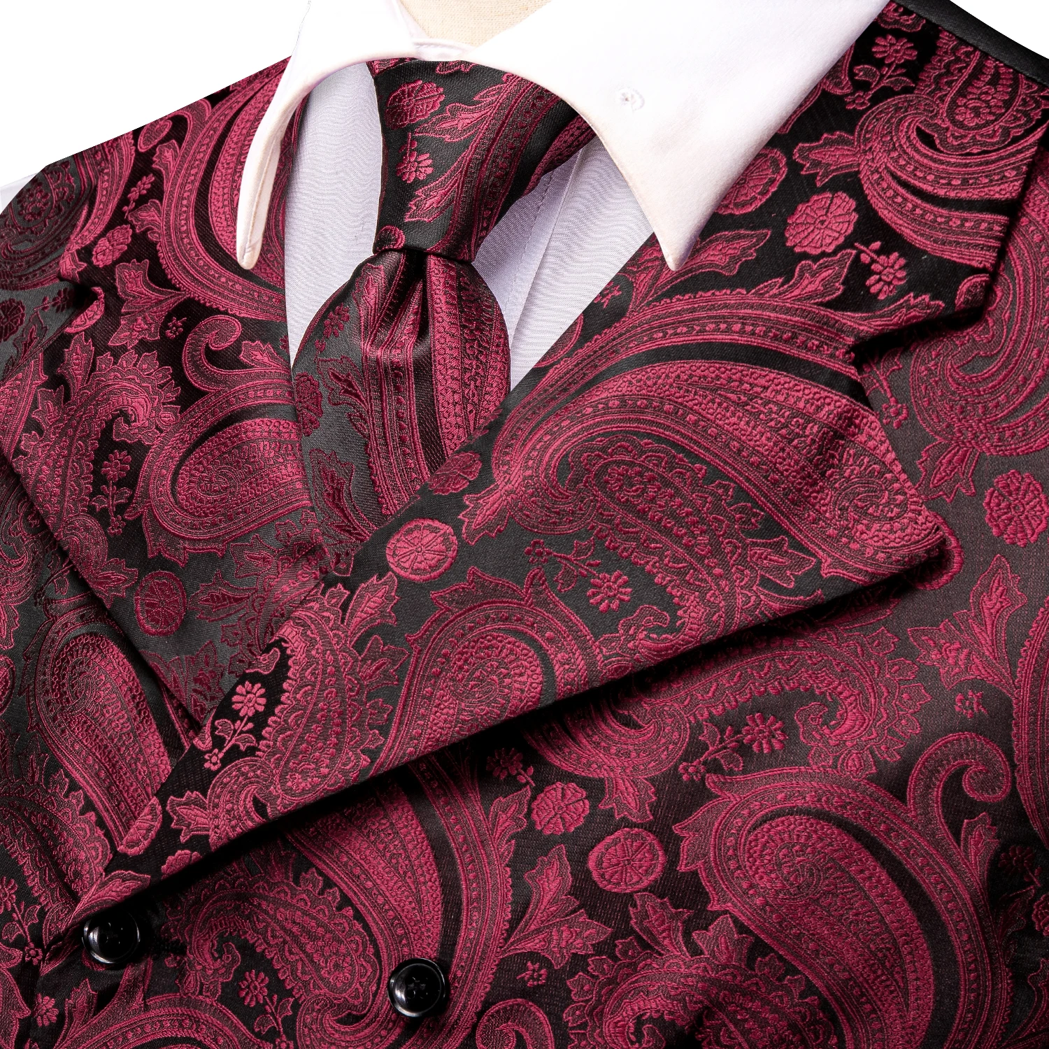 Hi-Tie Dark Red Men's Vests Silk Paisley Jacquard Waistcoat Jacket NeckTie Hanky Cufflinks for Men Business Party Designer Gifts