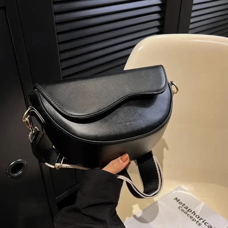 

Women Vintage Solid Color Flap Small Saddle Shoulder Underarm Bag Fashion PU Leather Wide Strap Crossbody Bag