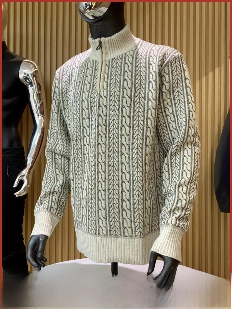 

American Sle Thiened! Warm! Autumn Winter f Zipper Stand Collar Men's Casual Knitted Sweater Polyester Fiber Long Sve