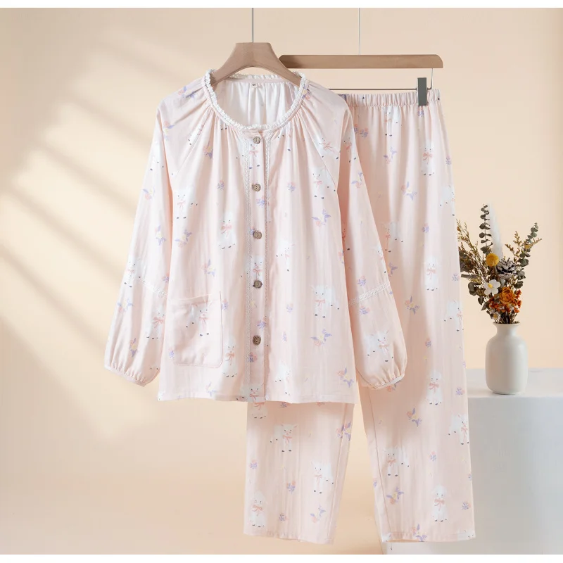 2pcs Women's Pajama Set Pastoral Floral Style 100% Cotton Exquisite Embroidery Lightweight Loose Wearable Outside Loungewear for