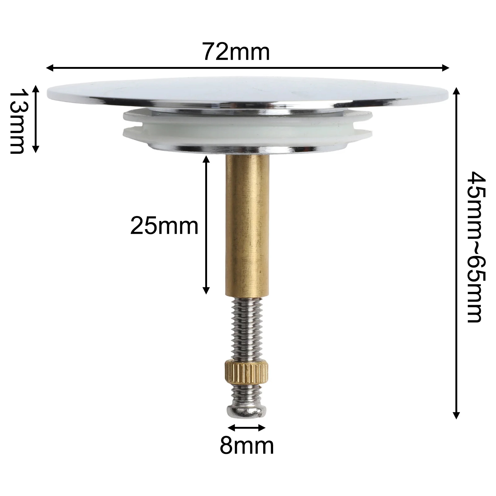 Adjustable Brass Bathtub Stopper 72mm With Double Silicone Seal, Heavy-Duty Chrome Drain Valve For 45-65mm Depth