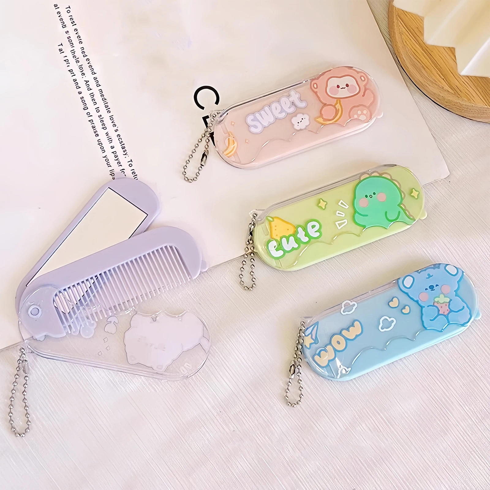 New Cartoon-Style Compact Folding Mirror Comb - Portable Travel Two-in-One Mirror Comb
