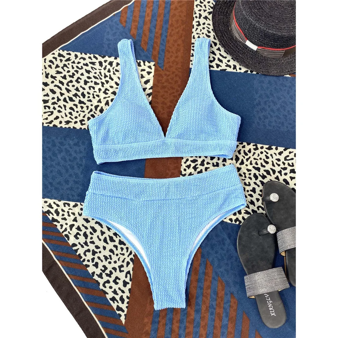 Gefalteter, geraffter Damen-Badeanzug mit V-Ausschnitt, hochtaillierter Bikini, zweiteiliges Bikini-Set, Badebekleidung, Badeanzug, Modell V3590. – Detail 30