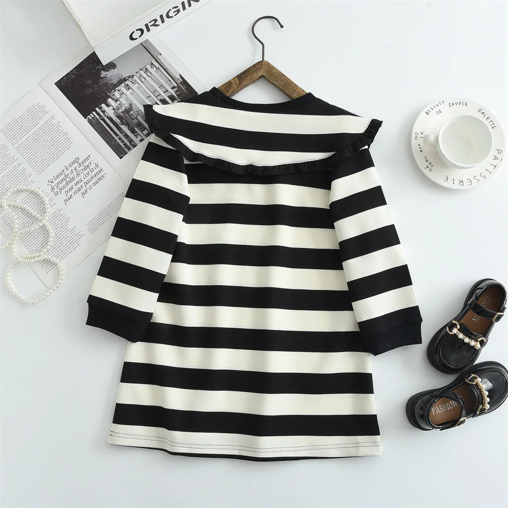 Girls Casual Dresses Striped Print Lapel Long-sleeved Dress Kids Clothes for Girls 3 To 7 Years Princess Dress for Girls