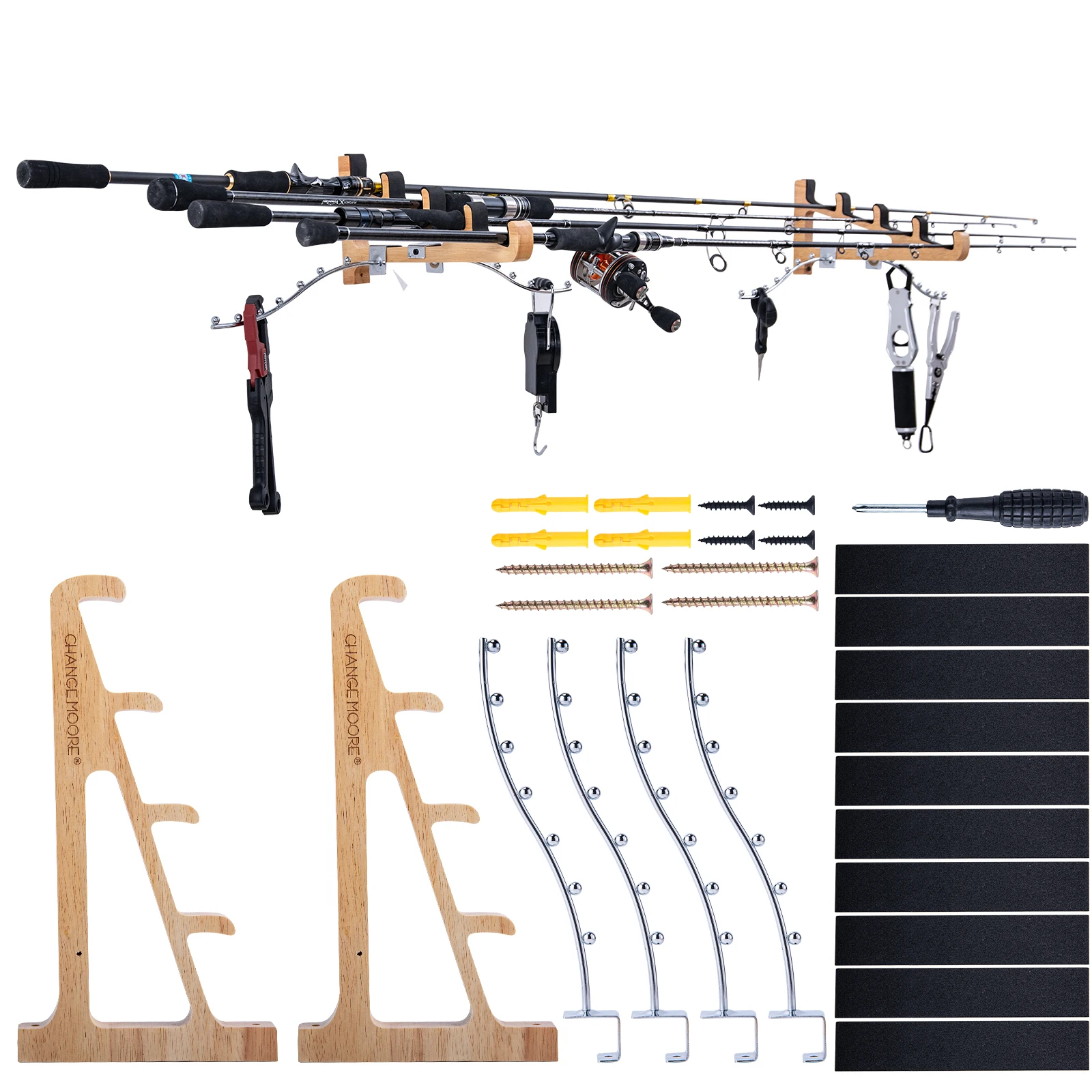 Goture Fishing Rod Storage Display,Solid Wood Rack with S-Hooks,Space-Saving Easy Mount,Wall-Mounted Fishing Rod Organizer Tool