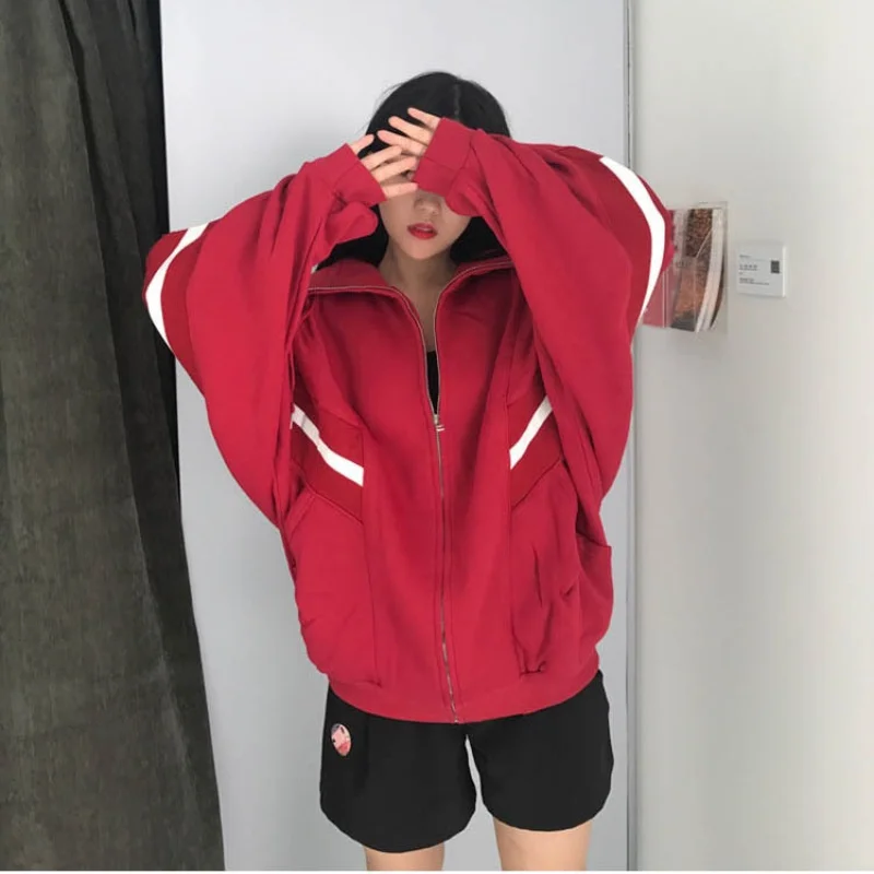 Y2K Autumn Winter Women Zipper Loose Fleece Sweatshirt Full Batwing Sleeve Stand Collar Jacket Harajuku New Girls Hoodie Jackets