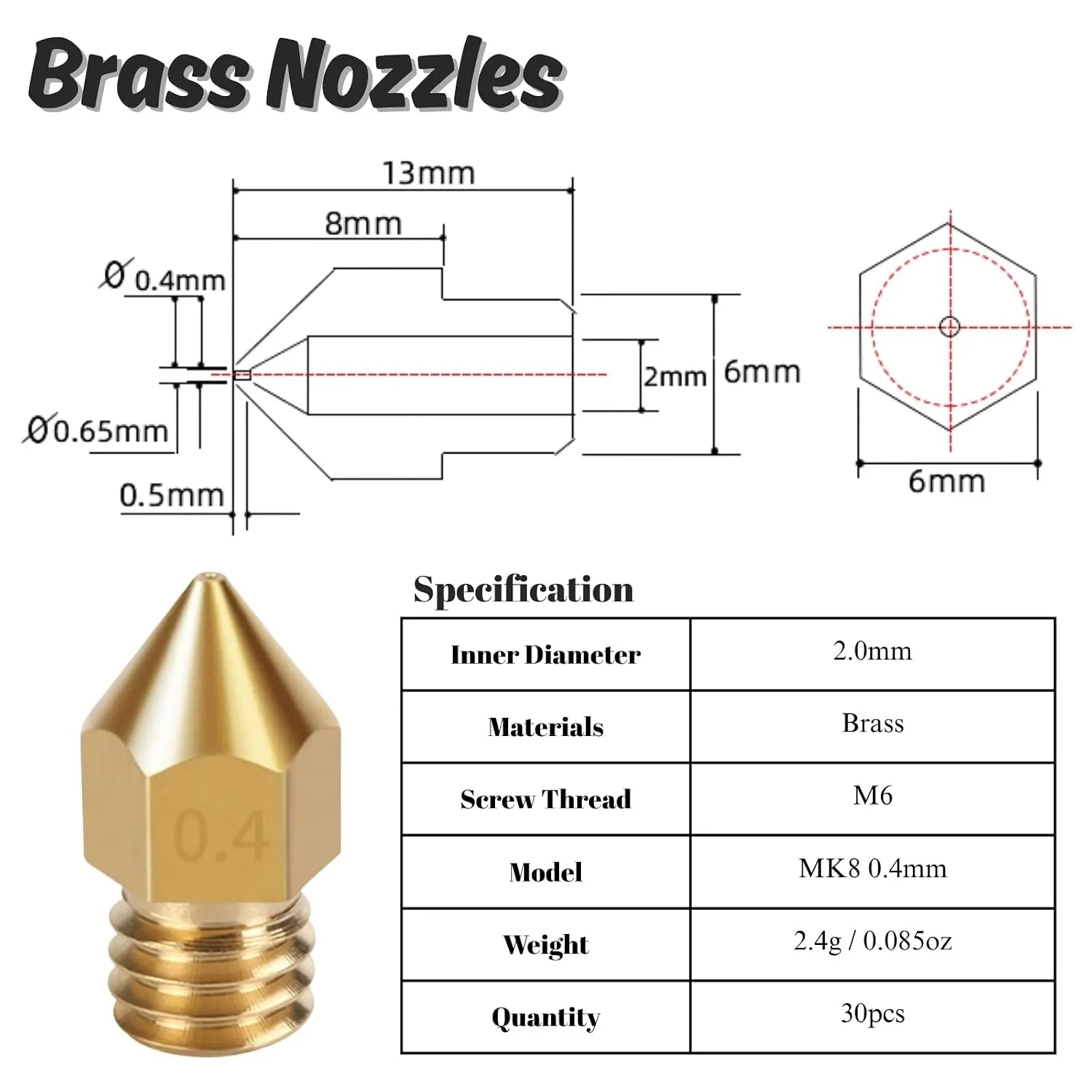 30PCS MK8 Ender 3 V2 Nozzles 0.4MM 3D Printer Brass Hotend Nozzles with Tools Storage Box for Creality Ender 3 CR 10 3D Printer
