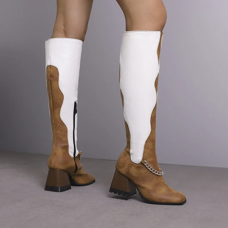 Botas modernas de PU com altura de joelho para mulheres, zíper lateral, salto alto em cadeia, cores misturadas, plus size, novas, outono, inverno, 2022, 22-28cm