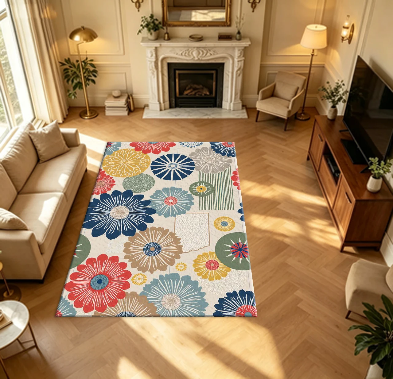 Vintage Hand Drawn Multicolor Daisy Floral Carpet Flooring Bohemian Retro Household Indoor Decor Area Rug