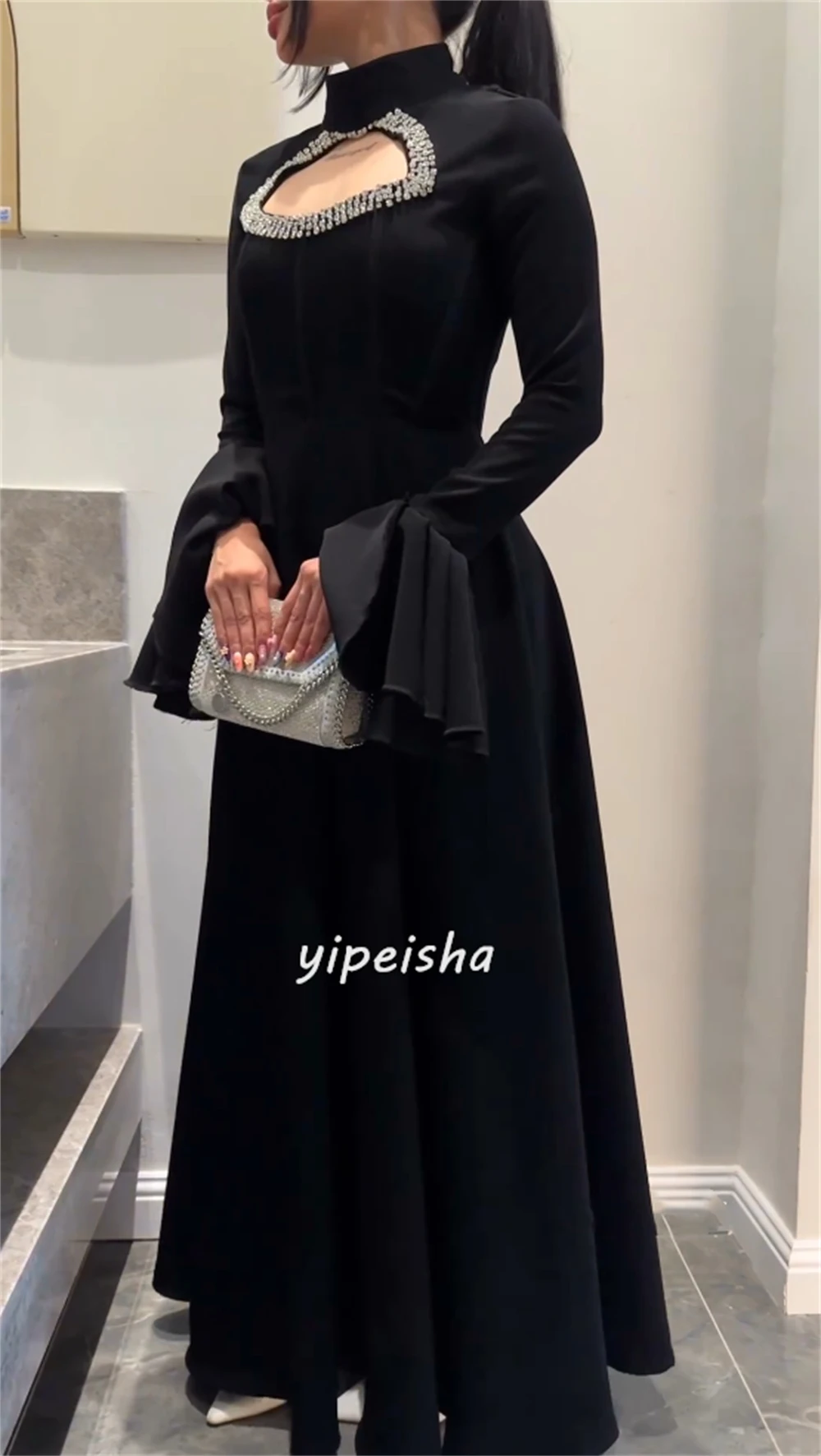 Unisex Jersey Sequined Ruched A-line High Collar Midi Dresses Evening Dresses Chinese Style Formal Casual Simple Retro Fashion