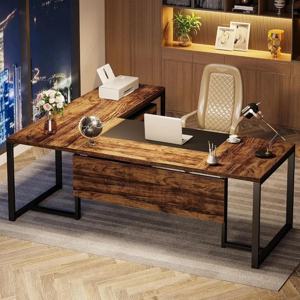 

70.8 L-Shaped Executive Desk with Drawer Cabinet, Large Executive Office Desk with Separate File Cabinet, Home Office