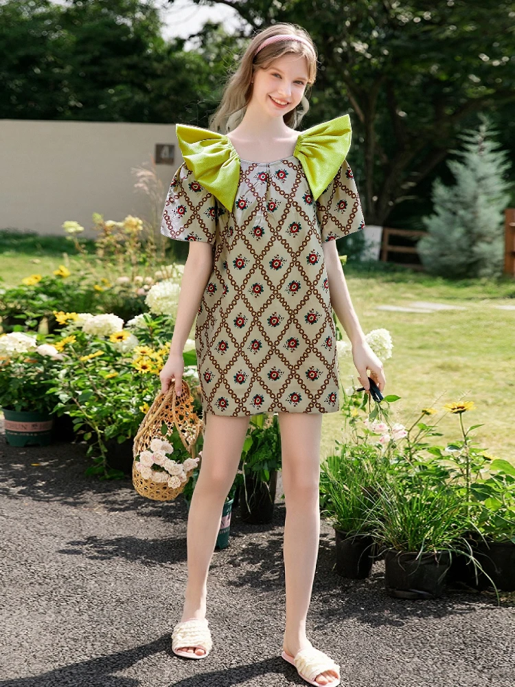 

LASS LIZ Оригинальный дизайн Лето 2025 Винтажный принт 3D Кружевной воротник Свободное платье Sweet Sle Bubble Sve A-Line ort Dr