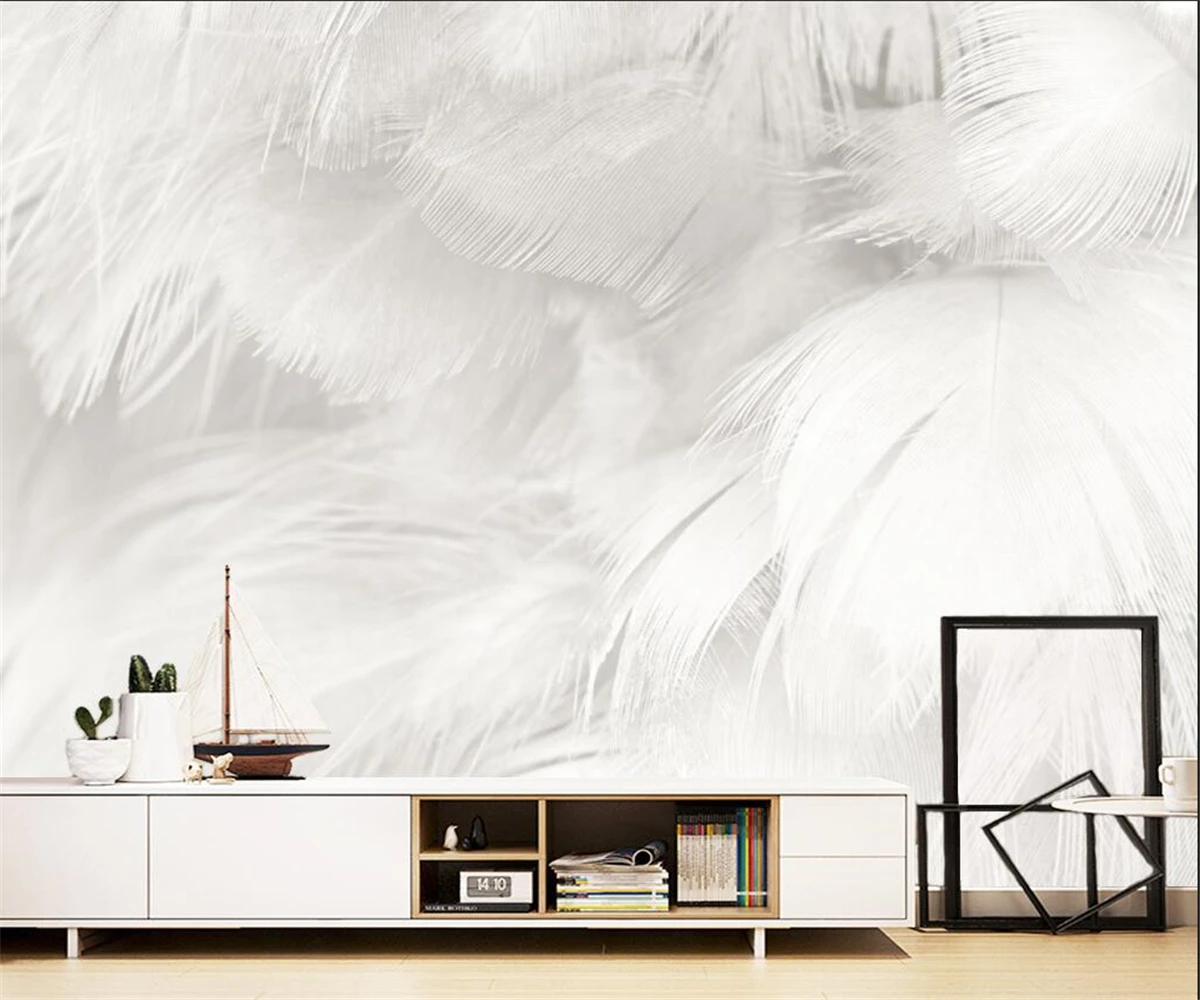 

custom wallpaper Nordic simple abstract pure white beautiful feather bedroom TV background wall Self-adhesive decoration mural