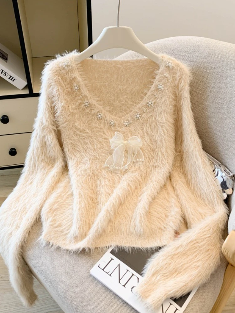 Français Vintage élégant Chic tricot doux pull gilet femmes ample col en v nœud Chic hauts décontracté mode bureau dame pulls en peluche