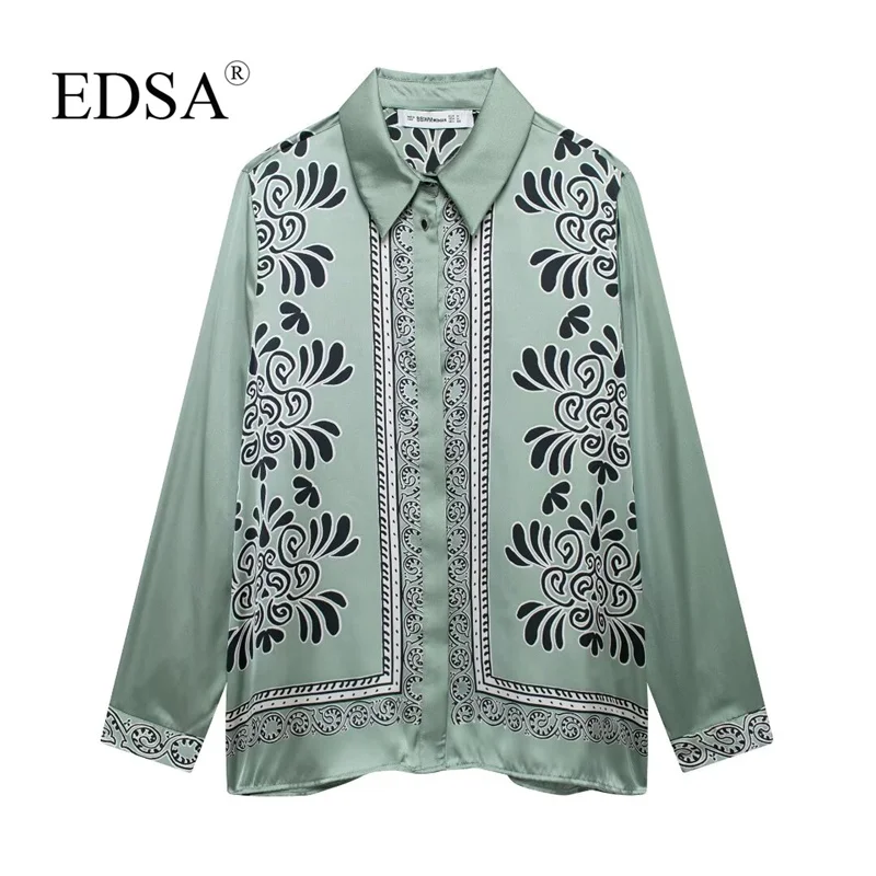 EDSA camicia da donna in raso con stampa a maniche lunghe camicetta monopetto con colletto rovesciato per camicetta da donna da ufficio