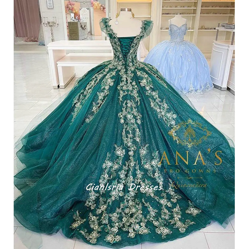 Hunter Green-vestido de quinceañera sin mangas, traje de baile con volantes y hombros descubiertos, apliques champán, dulce 16, fiesta de graduación