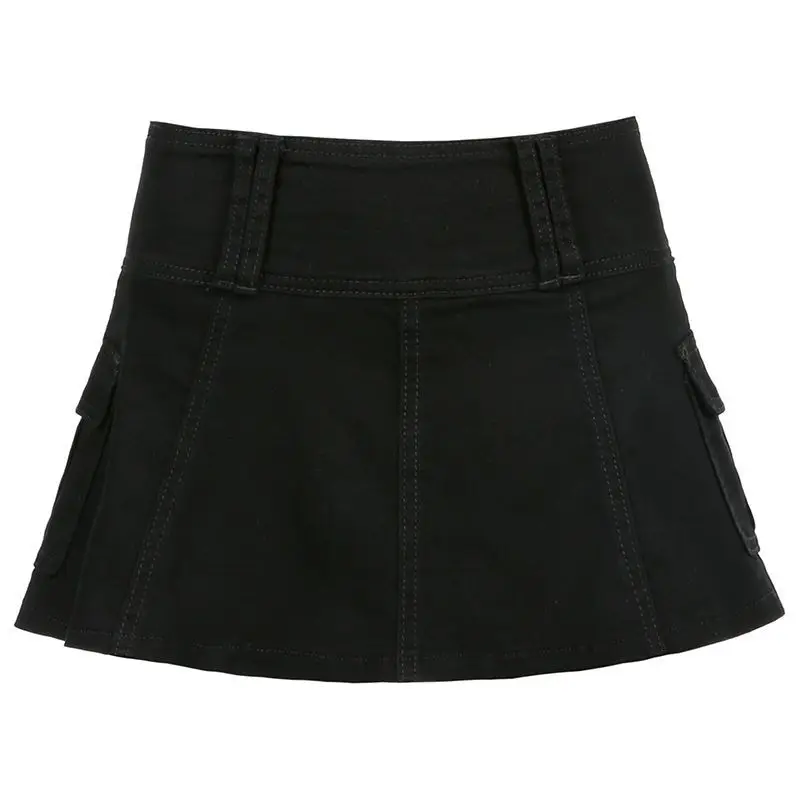 Pleated Skirt Pocket Design Sexy Lotus Leaf Edge Solid Color Half-Body Skirt Hip Denim Skirt Street Shot Hot Girl Pleated Skirt