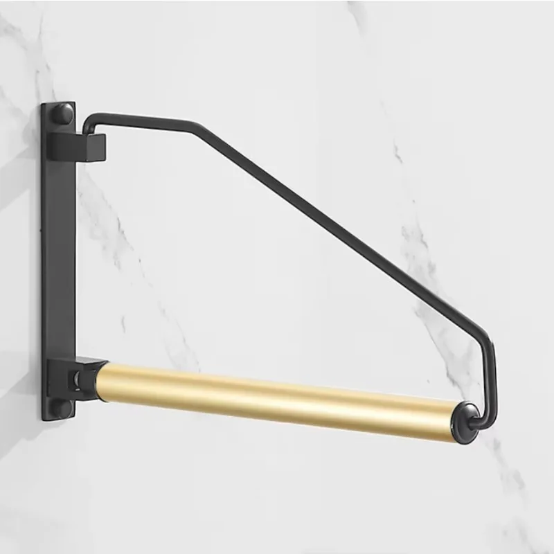 Wall Mount Brass Rotatable Clothes Rod, Golden Revolving Clothes Hanger, Perforated Wardrobe Balcony Storage Rack