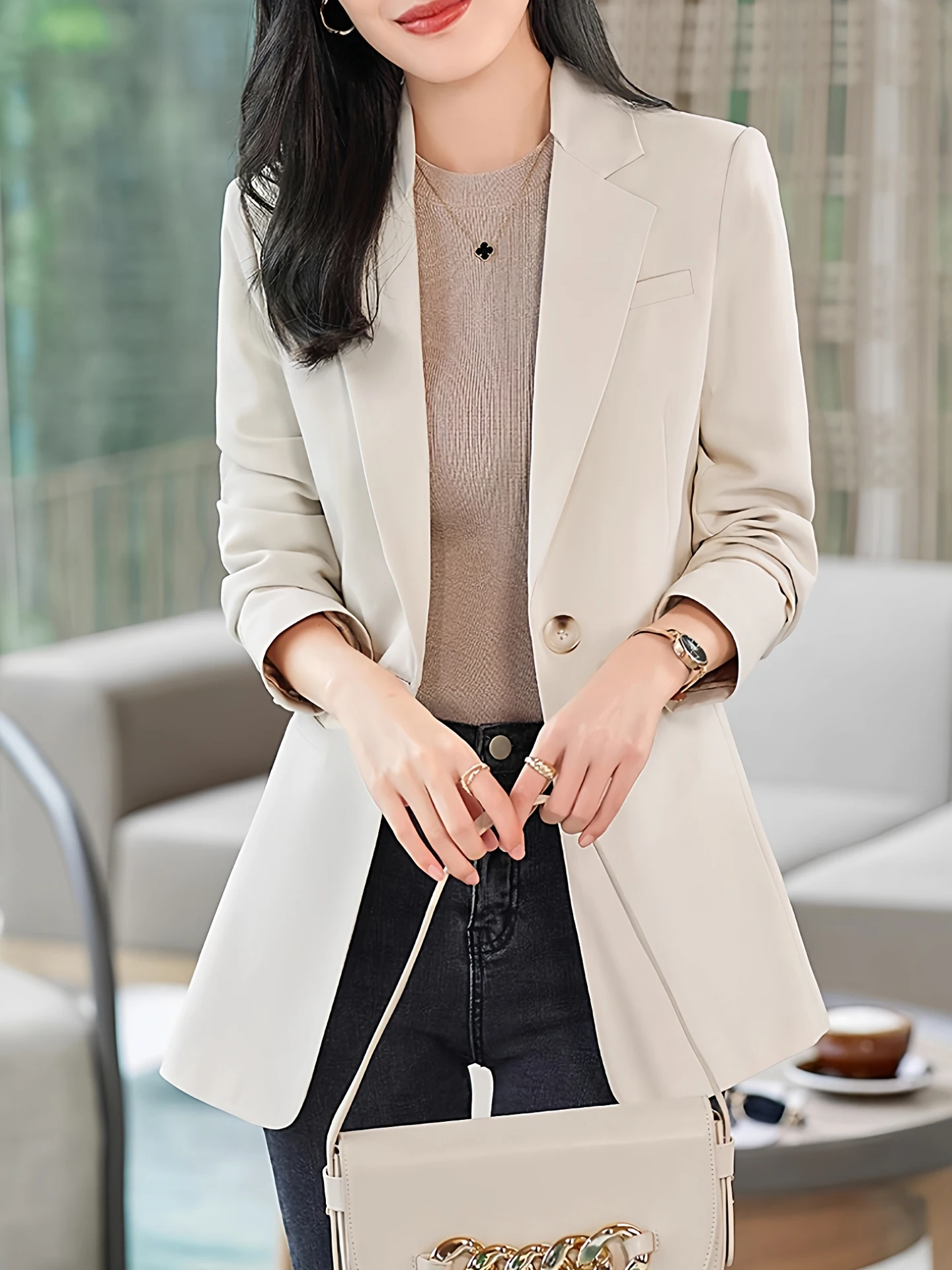 Beige Casual Women's Suit Jacket Spring Autumn New Style Korean Version Age Reduction Small Size Winter Fashion Polyester Fiber