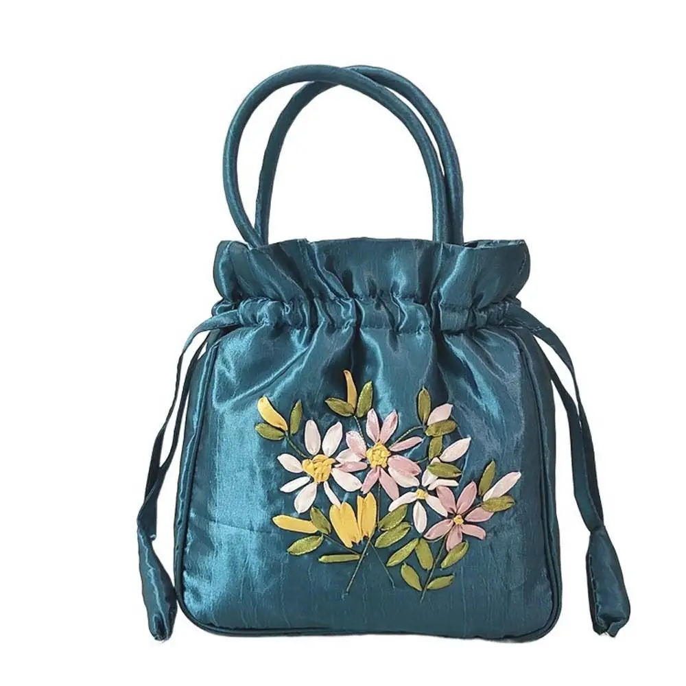 Hanfu bolso de seda satinada portátil con cordones, bolso de mano con bordado de flores, estilo étnico de hojas, bolso de almuerzo coreano, monedero pequeño, billetera de viaje