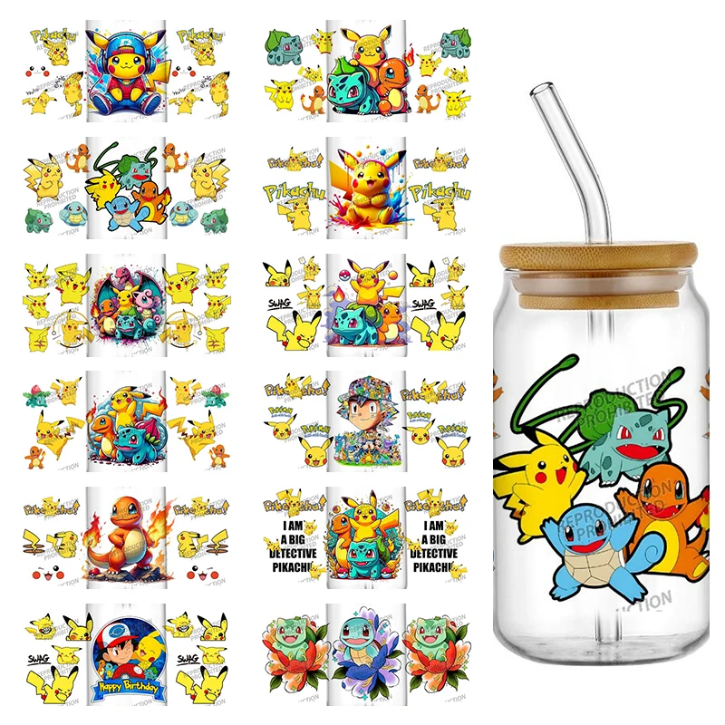 26 nuevos estilos lindos dibujos animados Pokemon Friends 16oz UV DTF 3D pegatina para teléfono calcomanías envolturas latas de vidrio tazas artesanía creativa regalos DIY