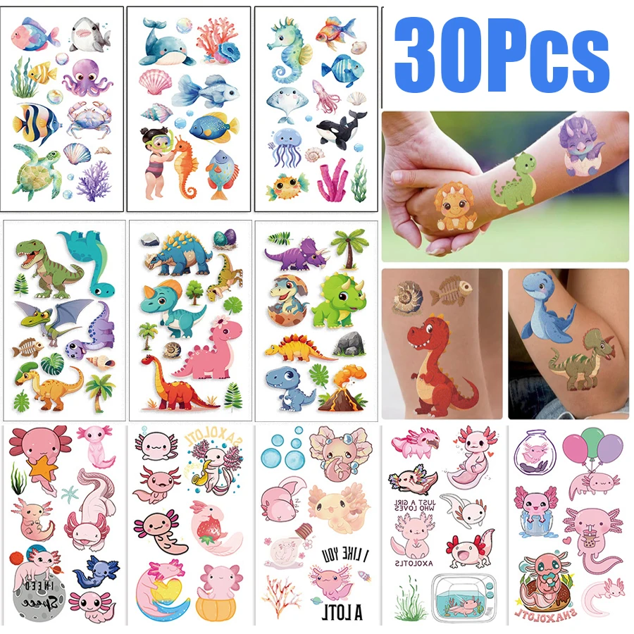 

30 шт. татуировки с рисунком динозавра, наклейки с милыми животными, временные татуировки для рук, лица и тела, макияж, подарки на вечеринку