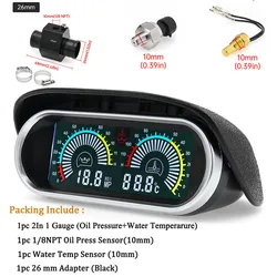 12v/24v Universal LCD Car 2 In 1 Gauge Oil Pressure Gauge+Water Temperature Meter with 1/8npt Oil Press Joint Pipe Sensor 10mm
