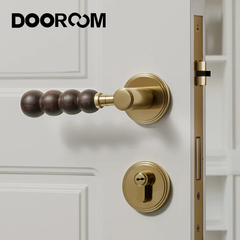 DOOROOM Brass Door Handle Lock Set Walnut Wood Modern Furniture Room Door Handle Magnetic Mute Bathroom Bedroom Door Lock