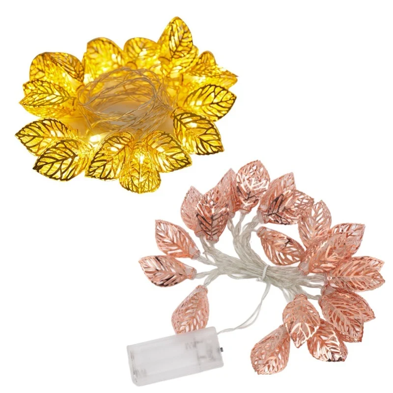 ไฟประดับสีโรสโกลด์ 20 ดวง กันน้ำ ใช้แบตเตอรี่ รูปใบไม้โปร่งแสง สำหรับงานปาร์ตี้ ประตู ภายในอาคาร