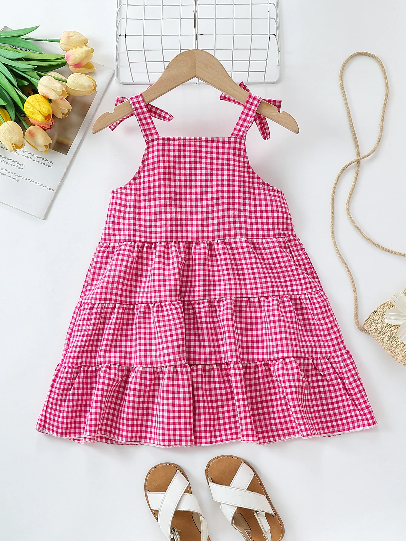 Summer Baby Girls Dress Pink Gingham Plaid Bow Strap Tiered Ruffle A-Line Dress Casual Party Wear Infant Toddler Polyester Fiber