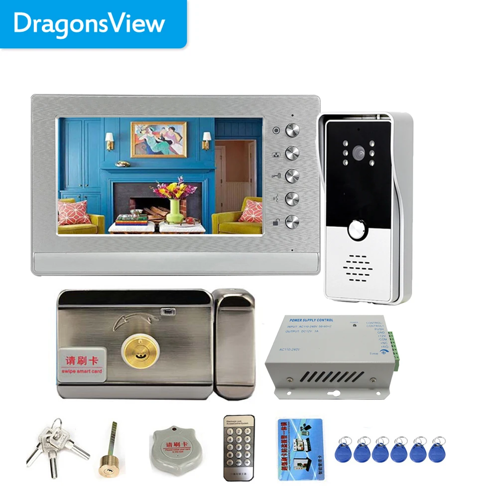 Dragonsview 7 Inch Video Intercom with Lock Video Door Phone Doorbell Camera Exit Unlock Button Day Night Vision Waterproof