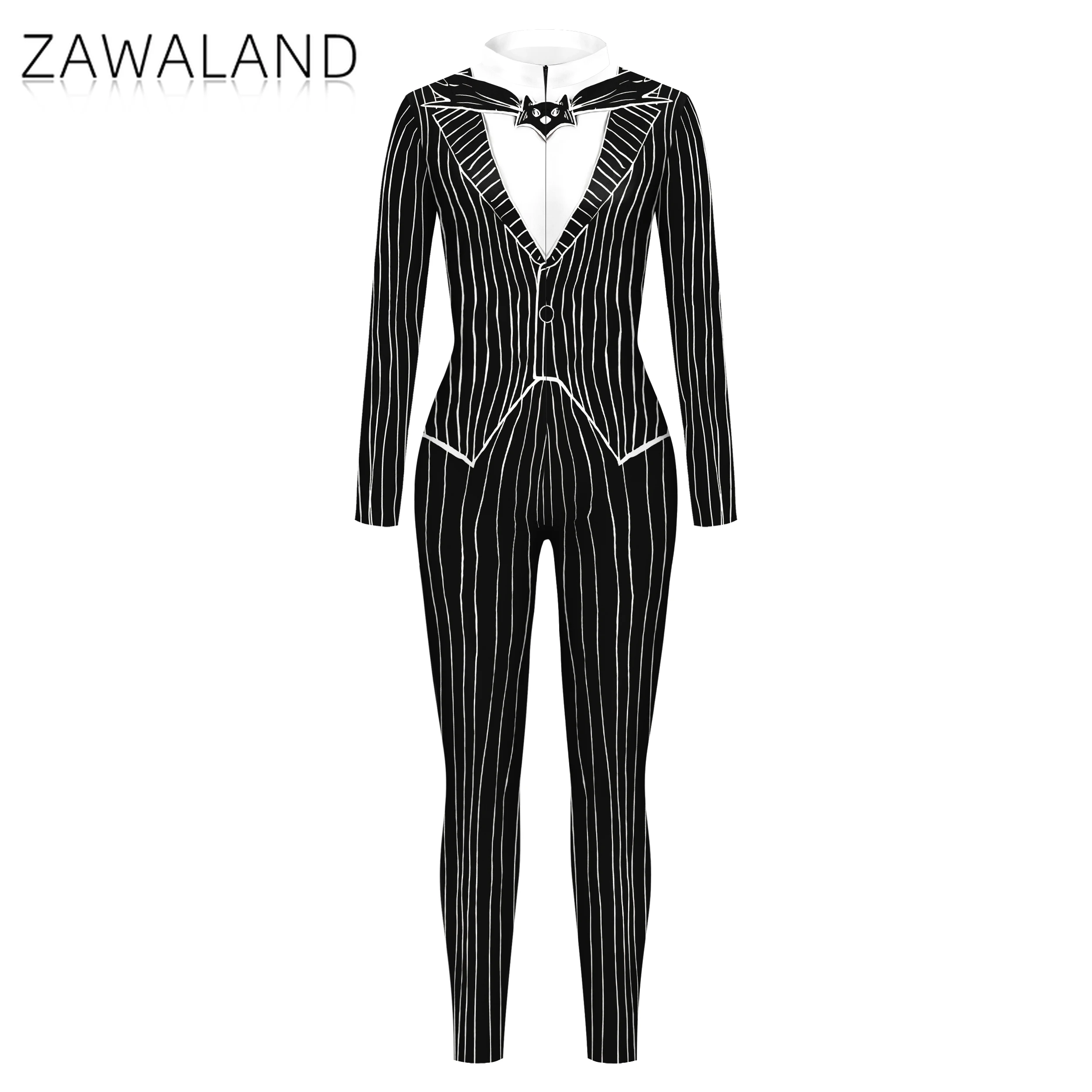 Jack preto branco listra cosplay traje tailcoat impressão bodysuit para o homem festa de halloween desempenho macacão carnaval roupas