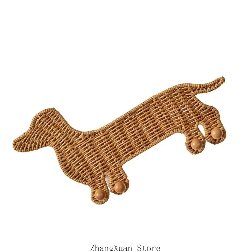 Woven Dachshund Clothing Hanger Rack with 4 Separate Knobs, Basketweave Appearance and PE Construction for Household Garments in