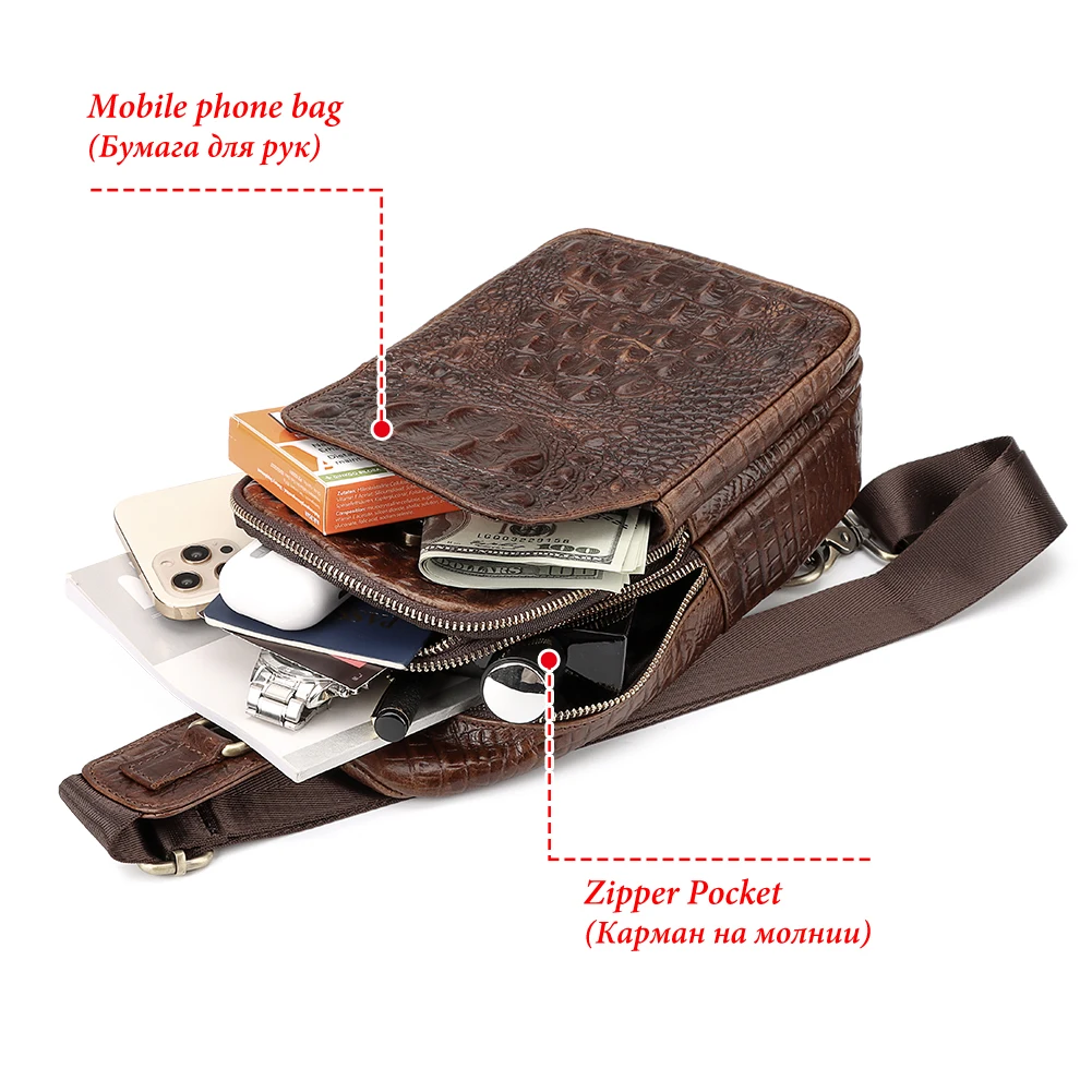 HUMERPAUL Crocodile Pattern Chest Bag Men First Layer Leather Classic Crossbody Bag Retro Mobile Phone Bag for Outdoor