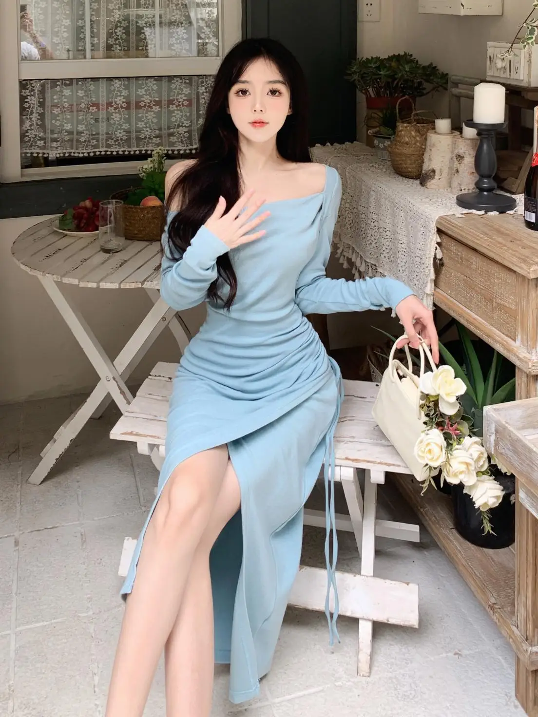 Ladies Sexy High Sprit Midi Long Y2K Dress Off Sholder Vestidos Women Long Sleeve Drawstring Bandage Wrap Party Dresses Robe