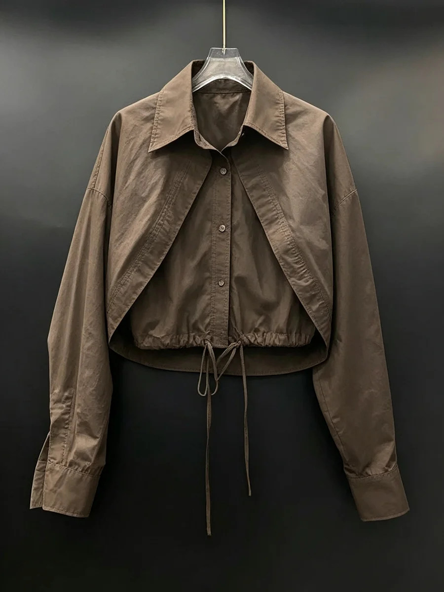 GALCAUR Drawstring Spliced Stitched Loose Blouse for Women Lapel Collar Long Sleeve Patchwork Button Casual Blouses Female Style