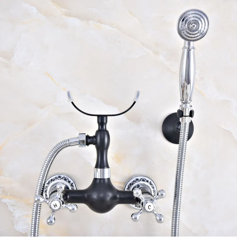 

Black Oil Rubbed & Polished Silver Brass Wall Mounted Bathtub Faucet with Handheld Shower Set +150CM Hose Mixer Tap 2na632