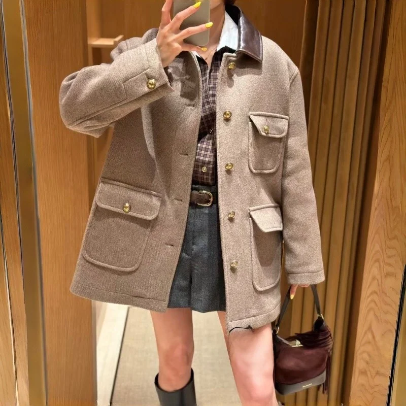   Prendas de abrigo Faion de otoño e invierno con cuello de retales de cuero para mujer abrigo largo Ele Sle Sve