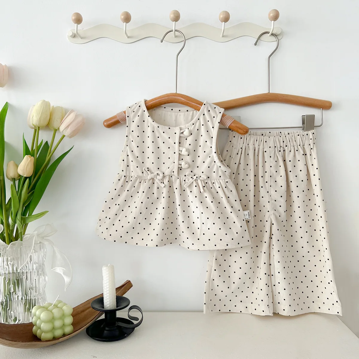 Baby Clothes Girls Autumn 2024 New Fashionable Polka Dot Waistcoat Wide-leg Pants Fashionable Simple Princess Cute Two-piece Set