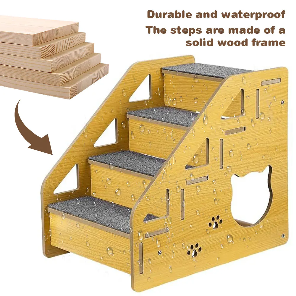 

4-Step Wooden Pet Stairs Nonslip Carpeted Indoor Pet Steps Dog Stairs Ramp Wooden Pet Ladder for Dogs and Cats for Bed