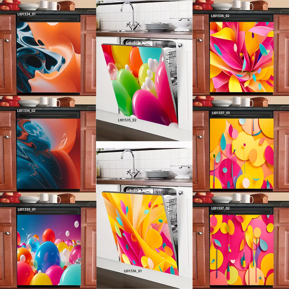 Vibrant Abstract Fluid Dishwasher Sticker, Colorful Balloon & Floral Art, Waterproof Removable Kitchen Decor