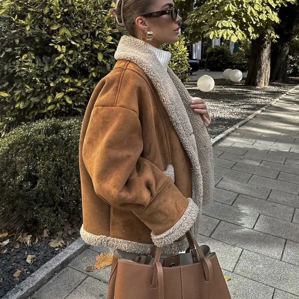 DUOPERI Women Fashion Brown Single Breasted Jackets Coat With Pockets Lapel Neck Long Sleeves Female Chic Lady Outfits