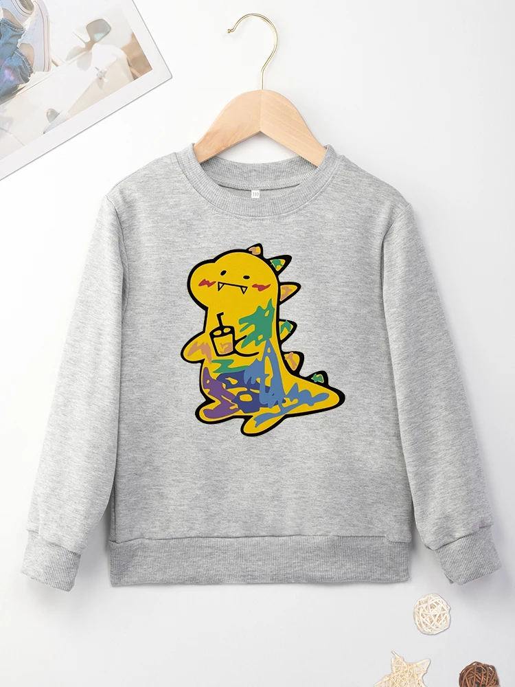 Cute Dinosaur Print Hoodless Baby Girl Boy Yellow Sweatshirts Comfy High Quality New Hot Sell Unisex Y2K Kawaii Sweater Clothes