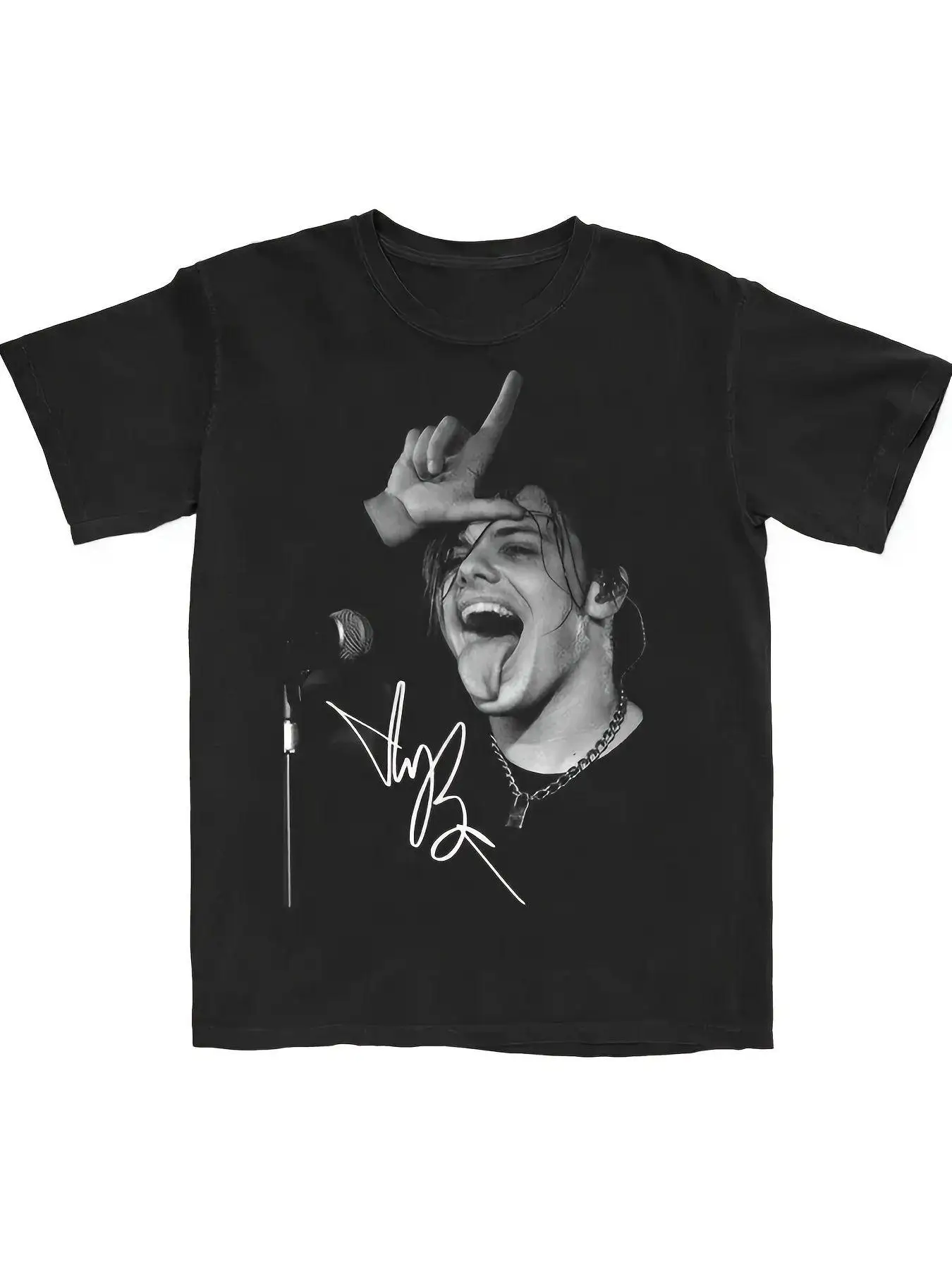 Unique Black Patterned T-Shirt Featuring a Bold Portrait of a Long-Haired Person and a Microphone Gesture - Stylish Round-Neck Design, Suitable for Casual Wear, an Ideal Choice for Music Lovers and Trendsetters, Adding Vibrancy to Your Wardrobe