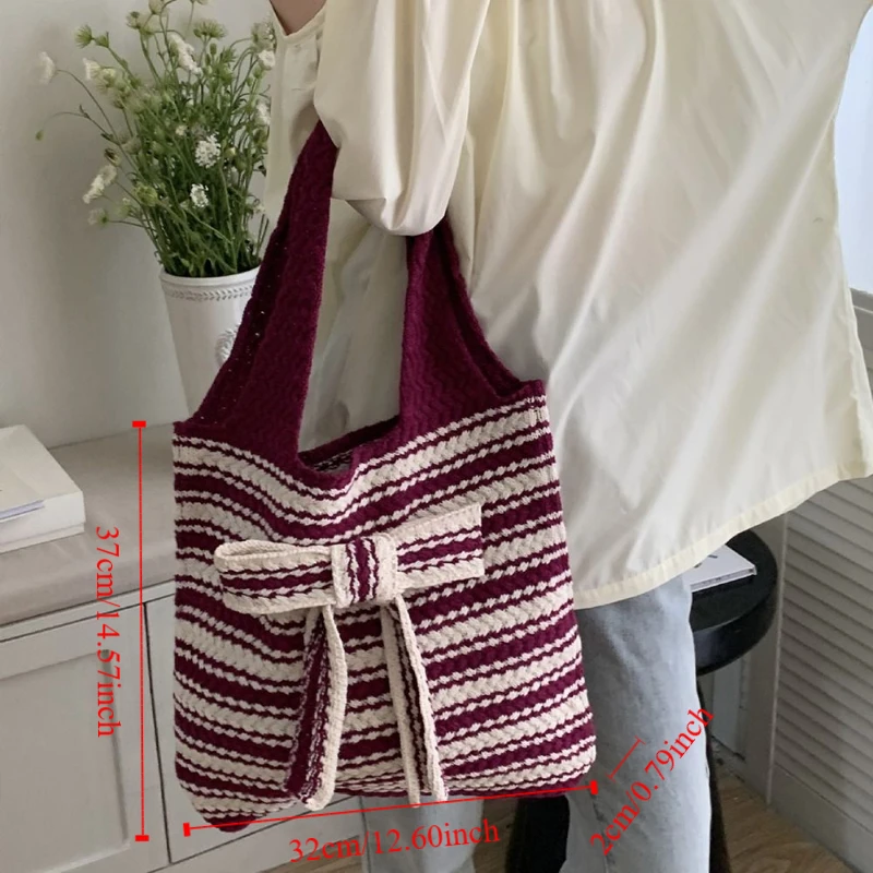 أنيقة القوس مخطط الكروشيه حمل حقيبة اليدوية سعة كبيرة المنسوجة حقيبة كتف متعدد الألوان عادية اليد محبوك حقيبة السيدات/الفتيات
